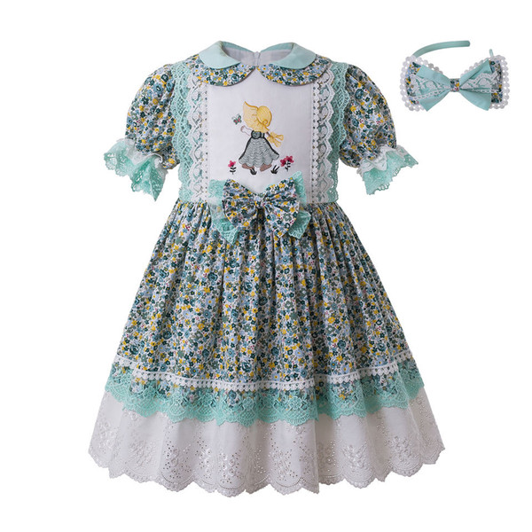 Pettigirl Green Summer Party Girl Dress Lace Wedding Flower Printed Dress With Headband For Kid G-DMGD210-277