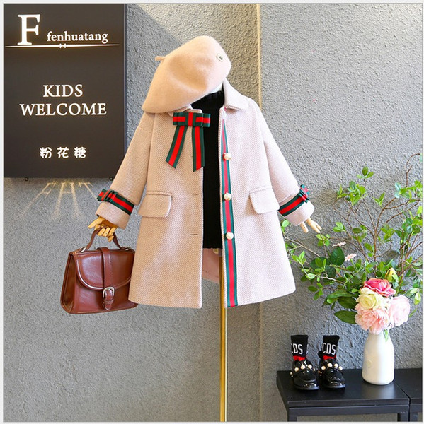 2019 New Arrivals Girls Trench Coats Woolen Long Kids Overcoat Pearl Girls Outwear Autumn Winter Children Wool Coat Girl Clothes