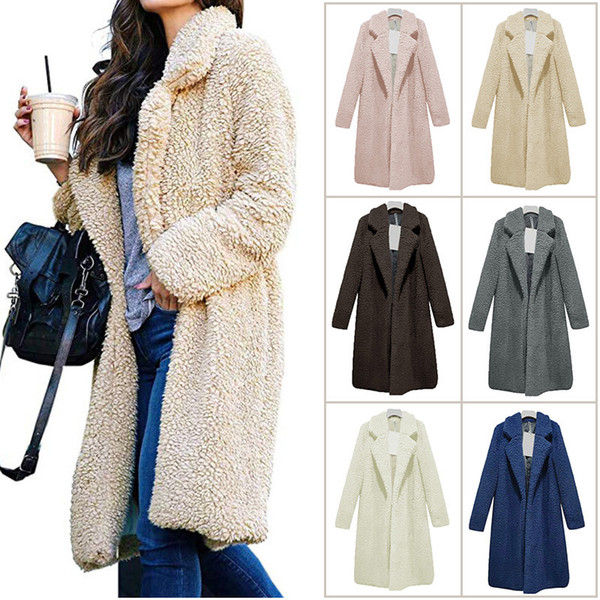 Women Long Plush Coats Winter Fleece Lapel Neck Coat Fashion Wool Cardigan Coats Casual Solid Color Women Outerwear GGA2533