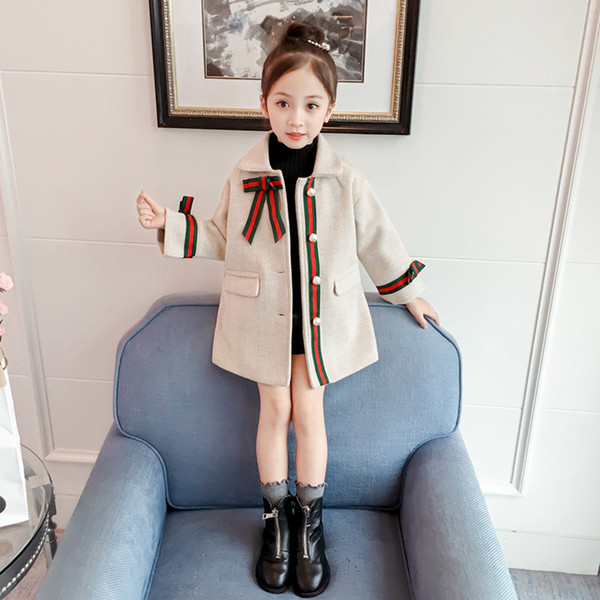 Lady style Girls woolen plaid trench cota kids lapel Pearl buckle long outwear children Bow thicken warm coat 2 Colors