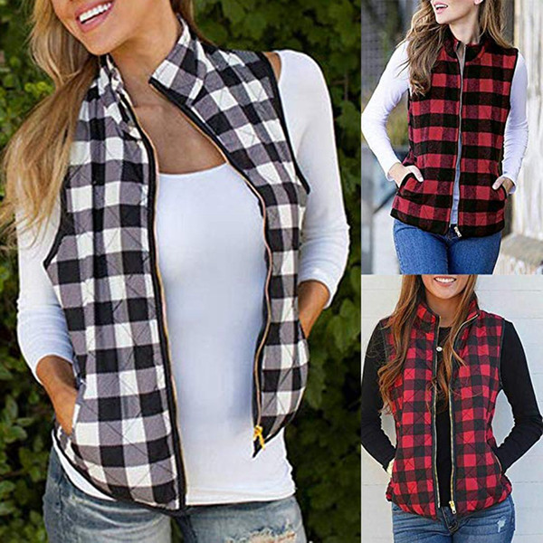 Women Plaid Pocket Vest Buffalo Zipper Street Open Front Color Block Lapel Cardigan Patchwork Sleeveless Jacket OOA7576