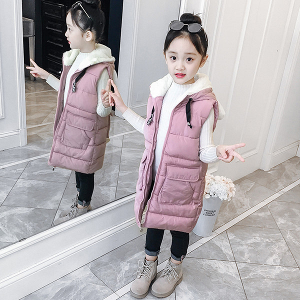 Girls Vest Autumn and Winter Sleeveless Windbreaker Children's Hooded Long Down Jacket Vest Thickened Coat Waistcoat 4-13 Years Old