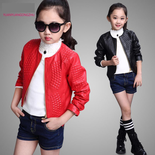 Wholesale-2015 Autumn Fashion Leather Jacket For Girls O-Neck Zipper Big Girl Coats 120-160cm Children's Leather Jackets For 6-14 Year