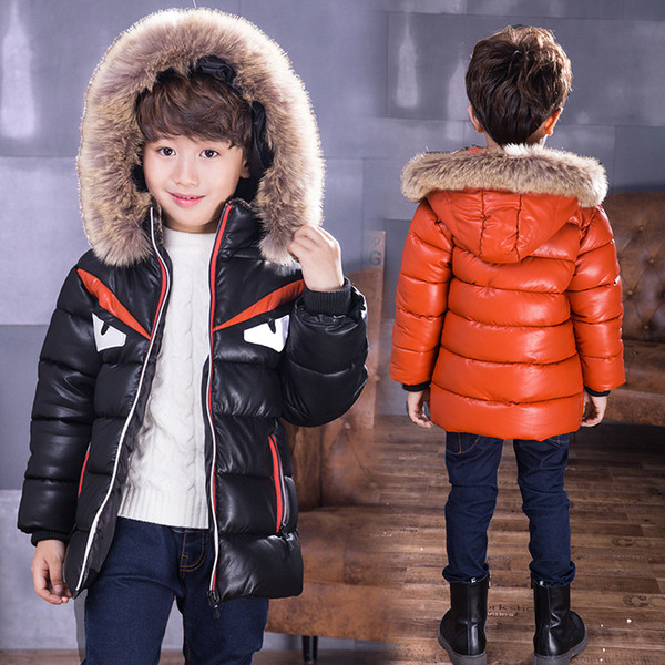 18M-13T Boys Winter Down Cotton Jacket Leather Jackets Parkas Hooded Patchwork Warm Children's Outerwear Padded Jacket 2018 New