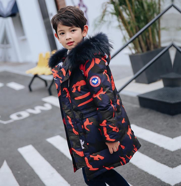 winter boys outerewear fashion camouflage long hoodies coats for kids warm thick outfits boys clothing children 80% white duck down parkas