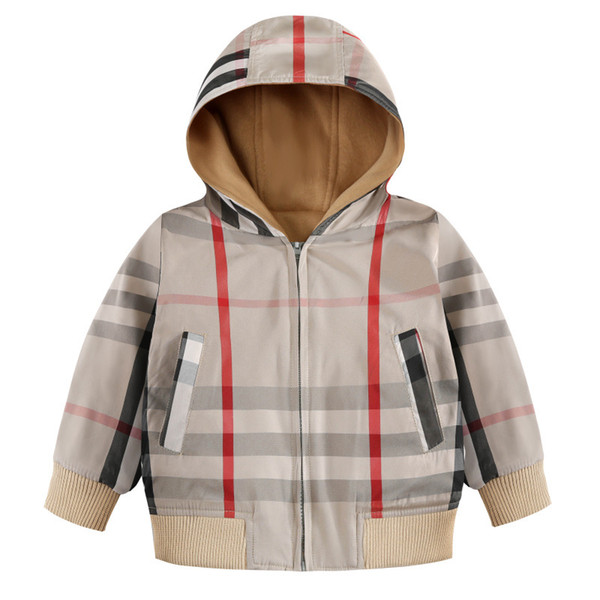 Fashion Plaid Printed Boy Jackets Autumn Winter Outdoor Warm Outwear Long Sleeve Hooded Apparel for Kids