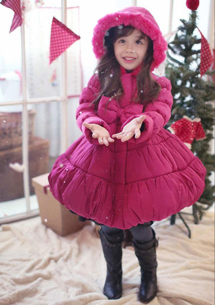 2014 New Year Girl Down Coat Korean Brand Big Bowknot Children Cotton Padded Coats Pink Rose Red Thicken %100 Warm Kids Outwear