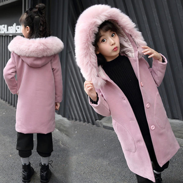 Big girls woolen trench coat winter children faux fur hooded thicken warmer overcoat kids double pocket pink princess outwear R1708