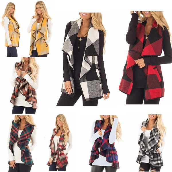 Plaid Waistcoat Women Check Lapel Sleeveless Open Front Hem Vests Shirt Cardigan Jacket with Pockets Plaid Patchwork Coat GGA3039-3