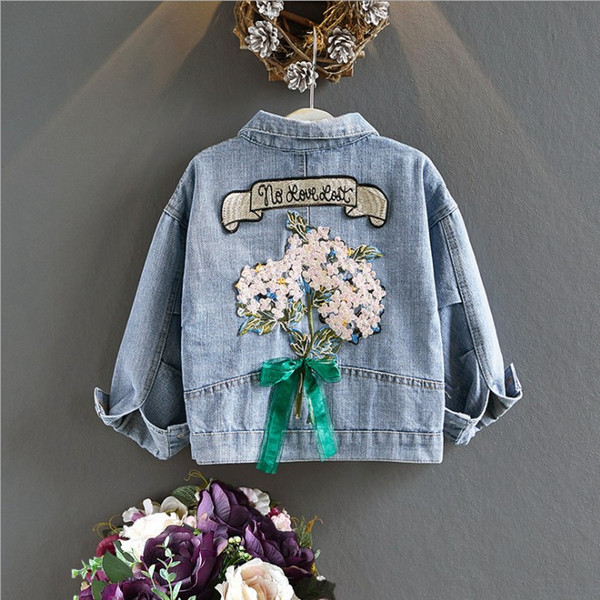 New Girls Korean Style High Quality Denim Jacket Childrens 2019 Spring Autumn Ins Floral Embroidered Casual Outwear Kids Coat