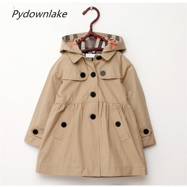 2018 new children's clothing girl spring and autumn princess coat solid color medium-long single breasted trench babys outerwear