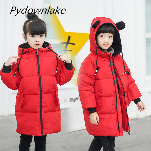 2018 New Girls Red Cotton Clothes Winter Warm Coat with Hooded and Ears Boys Black Cotton Children Overcoat Cotton Kids Jacket