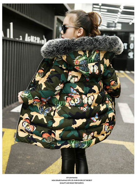 Pydownlake 2019 new winter girls and boys down jacket children's trend thicken cotton coat kids butterfly print camouflage jacket