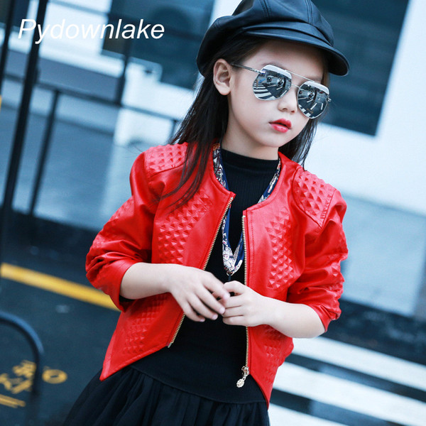 Girls Faux Leather Jacket for 2018 Children Fashion Red Black Spring Long Sleeve Nail design 3-12