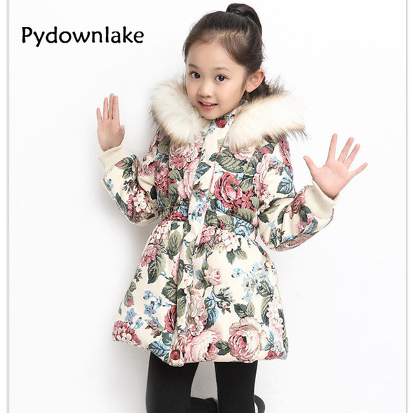 Pydownlake Baby Girl Clothes Winter Coats Cotton Print Hooded Fur Collar Cardigans Outerwear 2017 Girls Winter Jackets Kids Clothing