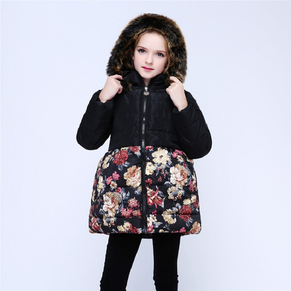 Long Girls Down Jackets Thick Fleece Winter Children Coats Hoodies Outfits Floral Baby Girl Outwear Clothes Kids Overcoat 4-13 Year