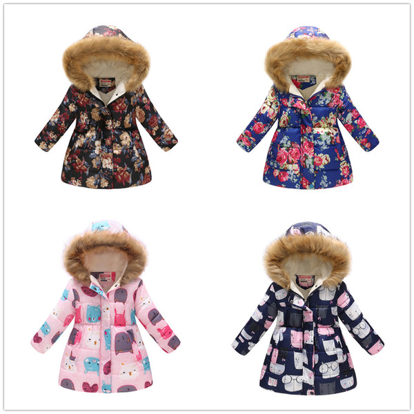 Baby Girls Down Jackets Fleece Children Coat Clothes Hooded Overcoat Floral Young Girl Outerwear Kids Windbreaker Dress Tops 4-11Years