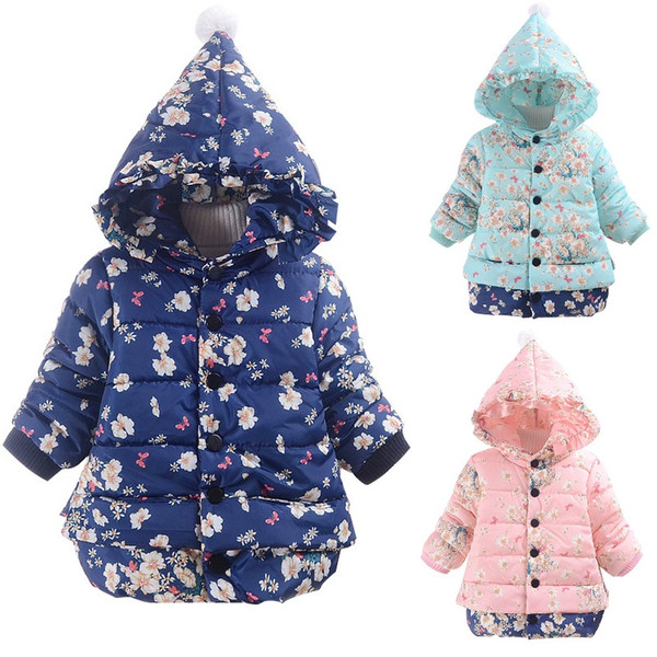 Hooded Girls Coats Fleece Winter Children Clothes Hoodies Baby Girl Outfits Floral Outwear Kids Overcoat 2 3 4 Year Down Jacket