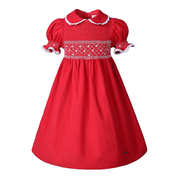 Pettigirl Red Short Sleeves Doll Collar Smocked Dresses For Toddlers Baby Girl Smocked Dress Smocked Children's clothing G-DMGD009-A160