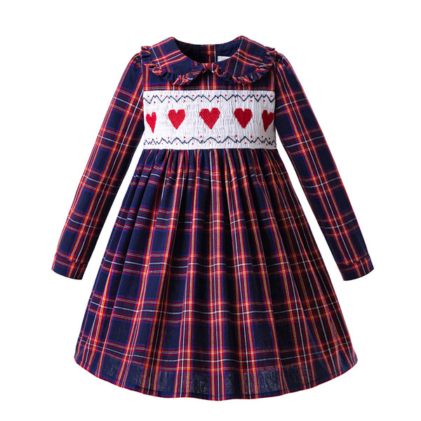 Pettigirl Autumn Baby Girls Grid Handmade Smocked Heart Dresses Long Sleeve Smocking Party Dress Boutique Outfits G-DMGD108-C79