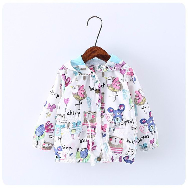 Wholesale Spring Autumn Girls Coat Hooded Bird Rabbit Print Long Sleeve Trench Outerwear Children Clothing 1-5T YL001