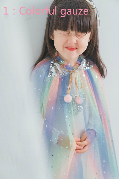 Wholesale Glittle Poncho for Girls Beach Sequins Love Star Pom pom Gauze Thin Shawl Fairy Cloak for Holiday Birthday 1-10T RY002