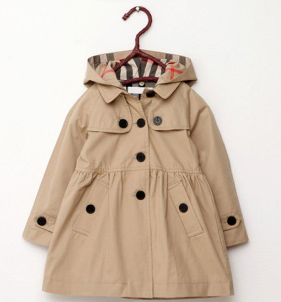 retail 2T--8T new childrens clothing girl spring and autumn princess coat solid color medium-long single breasted trench babys outerwear