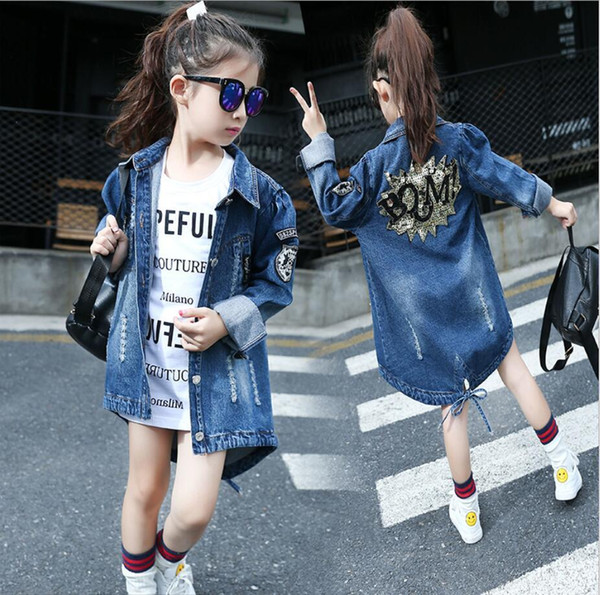 2019 Spring Girls denim Jackets Fashion Letters Sequins Denim Coats Kids Trench Coat For Girl Long Jackets Baby Girl Clothes