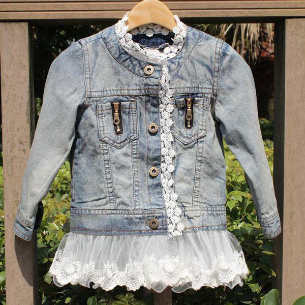 Free Fedex EMS DHL Ship Denim Coat Kids Girls washed Lace denim jacket children spell Lace Princess denim jacket Outwear