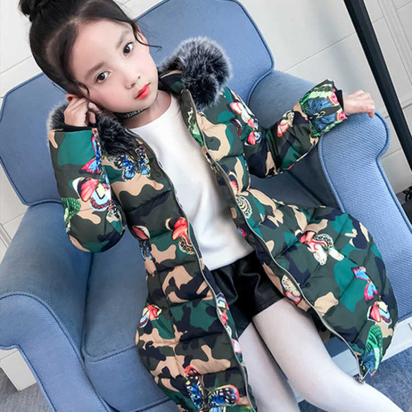 2018 Winter jackets for girls kids fashion Butterfly printed girls parka coats thick hooded fur warm children jackets