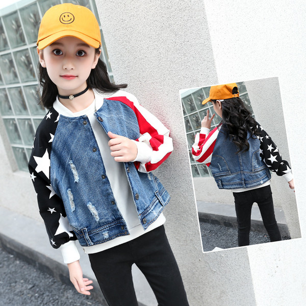 2018 Kids Coats Children Outerwear Teenages Girl Coat Denim Long Sleeve Autumn Jacket for Girls Toddler Jeans 6-15T Ripped