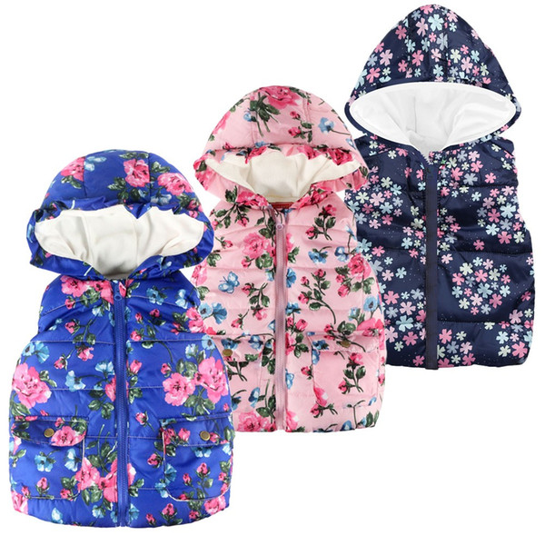 MUQGEW Jacket for Toddler Kids Baby Grils Boys Sleeveless Floral Print Hooded Warm Coat Tops vest for girls winterjas meisjes