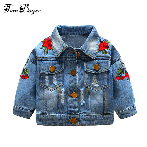 Tem Doger Baby Girls Outerwear Coats 2018 Newborn Infant Baby Jeans Coat for Girl Ripped Outwear Bebes Embroidery Denim Jackets