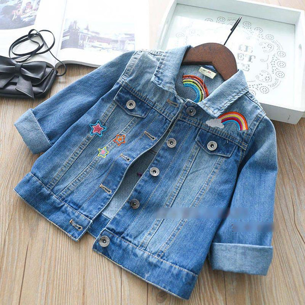 2018 New Spring Autumn Baby Girls Cartoon Horse Star Rainbow Embroidered Denim Outwears Button Pockets Coat Casual Fashion Jacket