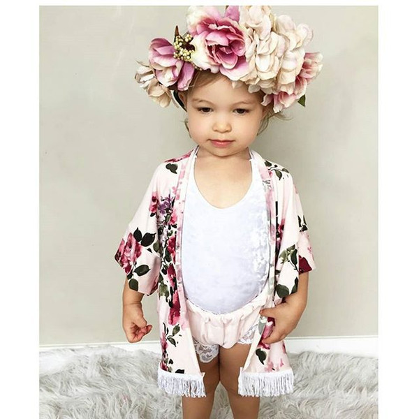 ins new autummn fashion baby girl big flower shawl outwear coat kids tassel full floral print cape