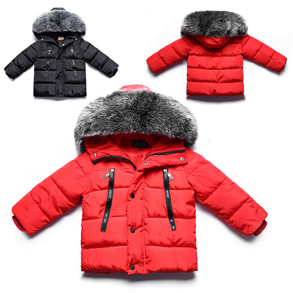 Kids Boys Faux Fur Collar Hooded Parkas Coat Cotton Padded Thicken Warm Jackets Children Solid Winter Outwear Baby Puffer Coat