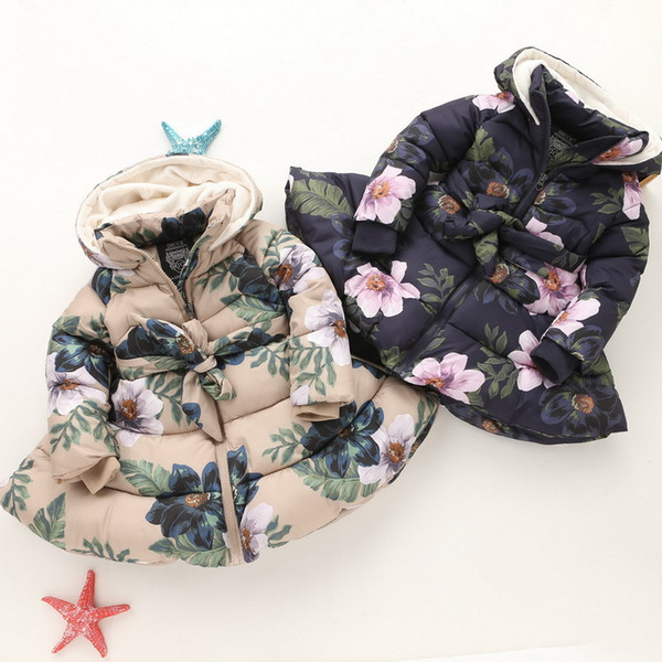 New children Floral Hooded Coat Winter girls Long Sleeve Plus velvet Thicker Flowers Outwear kids Down Coat 2 colors C3272