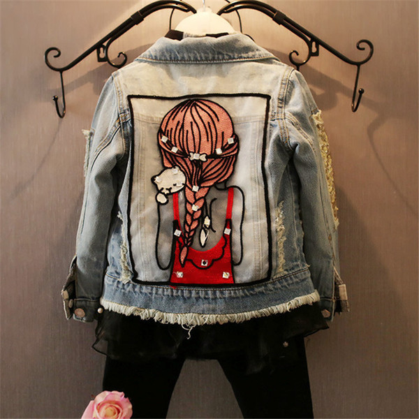 Children Girls Jackets Cool Kid Long Sleeves Turn-down Collar Buttons Coats Pocket Girl Pattern Denim Outerwear Kids Clothes Hot Y1891203