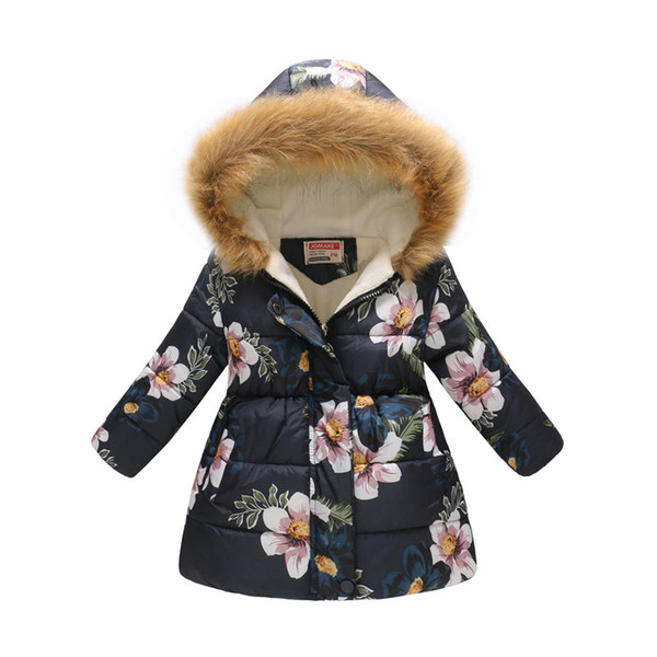 Big Girls Coats 2018 New Long Style Kids Down Jacket Winter Warm Fur Hooded Parkas Fashion Printed Outerwear Children Clothing