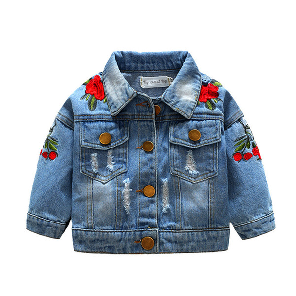 Ins hot style European and American fashion Children Coat Girls Rose Embroidery Cats Denim Kids Jacket Girls Top