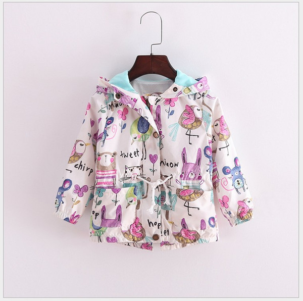 Retail 2016 New Autumn Cute Baby Girl Coat Animals Printing Cartoon Graffiti Hooded Zipper Girls Jacket Long Sleeve Toddler Girl Outwear