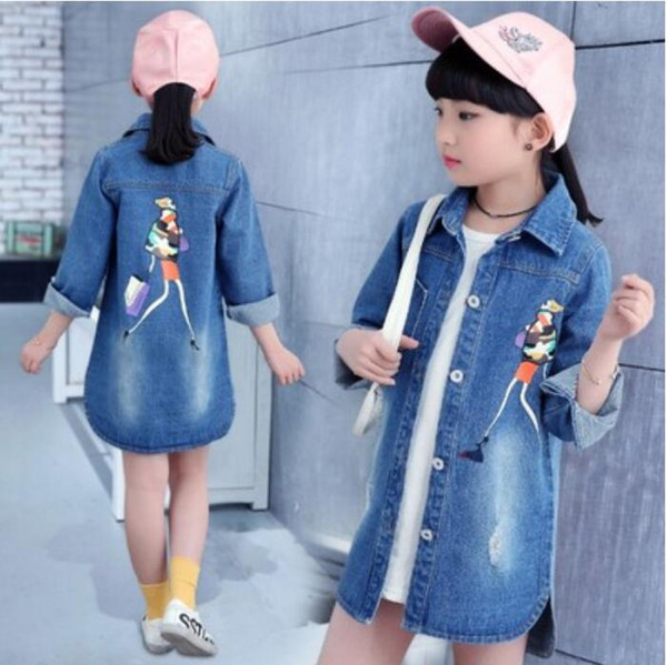 Kids Girls Denim Jacket 2019 Spring New Children's Clothing Fashion Slim Long Sections Trench Coat Cartoon Kids Outerwear