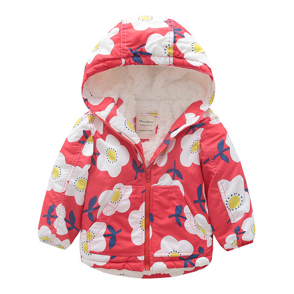 Kids Girl Winter Coats Fashion Children Flower Print Thicken Fleece Hooded Jacket Baby Girls Windproof Waterproof Warm Outerwear