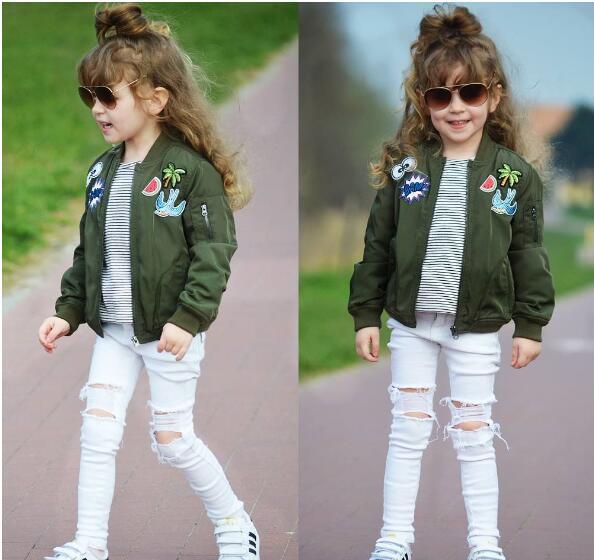 New children's children's clothing girls embroidered baseball uniforms Army green short long-sleeved jacket printed jacket shirts