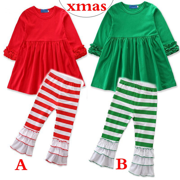 INS XMAS christmas girls sets kids boutique clothing baby girl outfits childrens clothes ruffle sleeve dresses red green tops striped pants