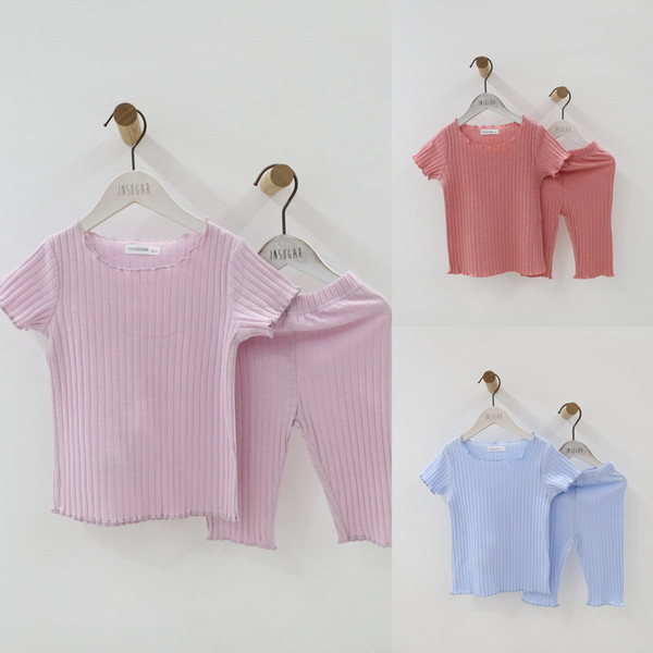 Thin Cute Baby Girls Clothes Summer Toddler Kids Knitted Rib Striped Tops+ Shorts Home Sleeping Suit Children Girl Clothing Sets T191016