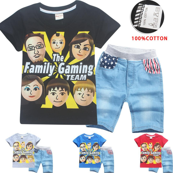 TEAEGG Cartoon Roblox Fgteev Printed Short Sleeve Girls Boys 2pcs T-shirt&Jean Pants Family Gaming Team 2018 Kids Sport suit