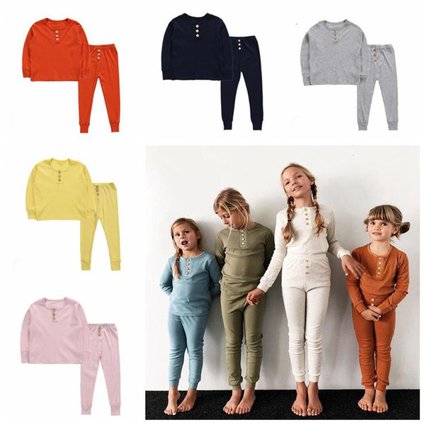 Kids Solid Color Pajamas Summer Autumn Sleepwear Baby Clothing Sets Button Decoration Children Long Sleeve Elastic Home Service LXL594