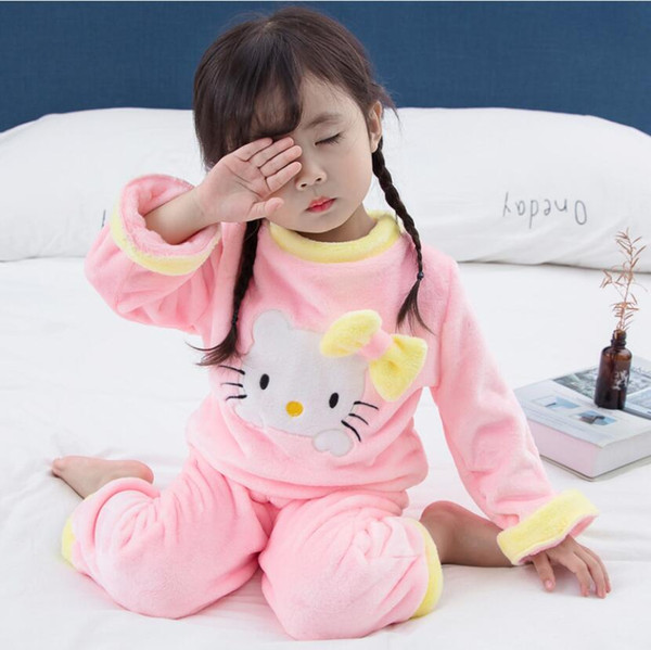 Designer New Girls Pajamas Set Winter Flannel Warm Design Cartoon Cat Cute Home Pajamas Yellow Pink