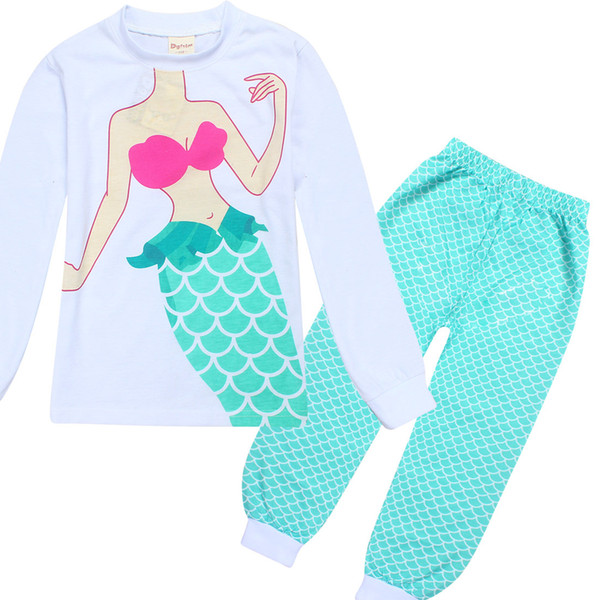 2017 Spring Autumn Mermaid girl Suits Pajamas children Cotton cartoon long Sleeve T-shirt+ fish scale Pants 2pcs sets baby kids clothes